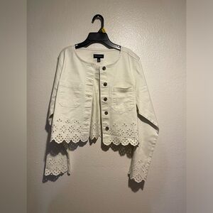 White Eyelet Hem Button-Front Jacket